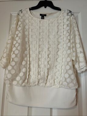 Alfani Ivory Sheer Polka Dot Lace-Trim Blouse